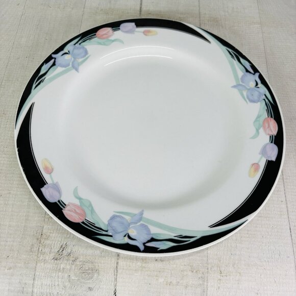 Excel CARAVEL Pink Purple Floral Iris Tulips Black Border Dinner Plates Set of 4 - Picture 6 of 16